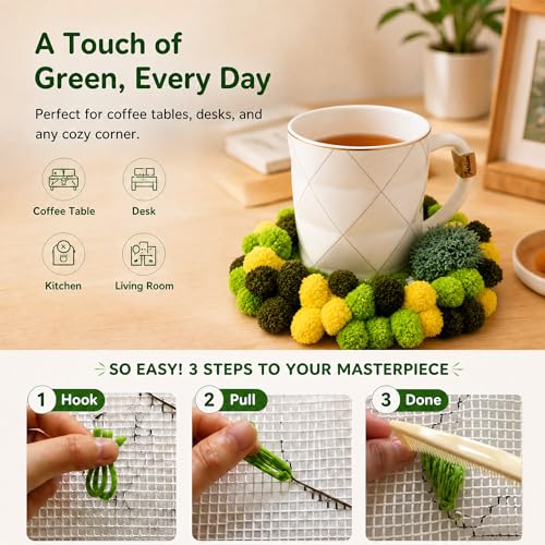 Image of beausougon Latch Hook Kits for Adults Beginners with 3D Moss Design Coasters, 2 Pack DIY Craft Kit with Soft Yarns and Tools