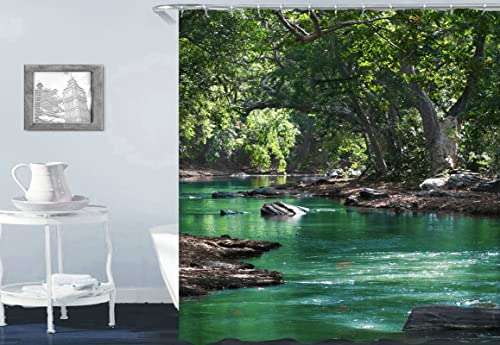 Rideau de douche rivière et arbres pour salle de bain zen