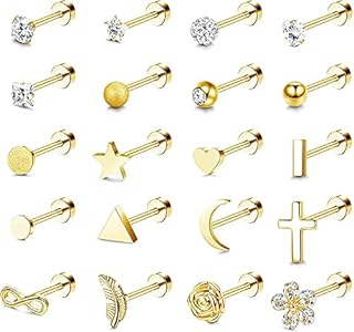 Adramata 18G Stainless Steel Cartilage Stud Earrings for Women Men Screw Back Cartilage Tragus Helix Earrings Small CZ Moon Star Stud Flat Back Earrings Piercing Jewelry Set 20 Pcs