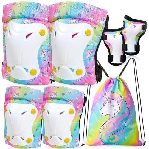 Unicorn Castle Rodilleras y Coderas de Unicornio para niños y niñas,Juego de Equipo de protección Ajustable 6 en 1 con Bolsa de cordón,3-8 años