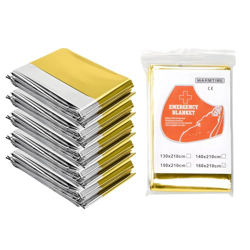 AUSYIWI 5pcs Manta Térmica de Supervivencia 210×160 cm, Emergencia y Aluminio, Rescate Protege del Frío, Impermeable, la Lluvia, el Viento (Plata y Oro)
