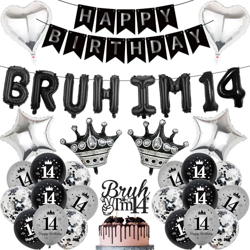 14th Birthday Decorations Boy Set - 33 Pcs Glitter Black and Silver Party Decor Including Bruh Im 14 Balloons Banner Star Heart Crown Number Foil Balloons for 14 Years Old Party Supplies