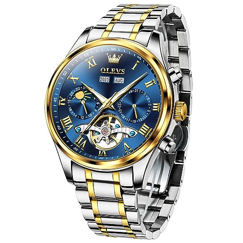 OLEVS Mens Automatic Watches Skeleton Tourbillon Self Winding Diamond Luxury Dress Wrist Watch Stainless Steel Waterproof Luminous Moon Phase Day Date, 7005:Two tone band & Blue dial, Automatic