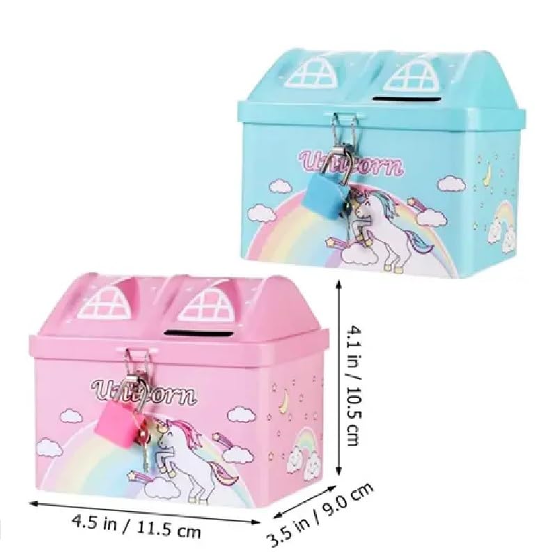 Image of Unicorn Printed Hut Shape Coin Bank Piggy Bank for Kid with Lock & Key Money Saving Storage Bank for Children Coin Collection Box for Girl Small Saving Box for Boys (L, 1, Count)