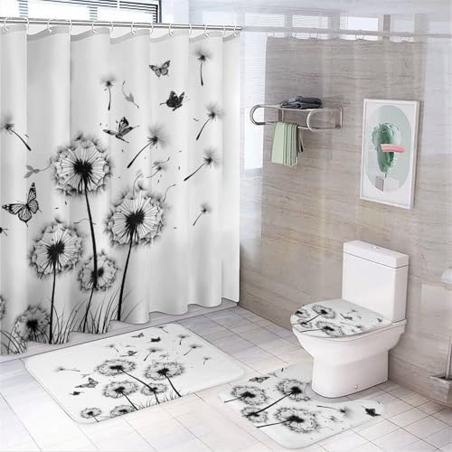 4 Piece Bathroom Rug Set with Shower Curtain Bathroom Shower Curtain Set with Rugs Dandelions with Butterflies Durable and Waterproof Ink Painting Black Dandelion Butterflies for Bathtub Decor