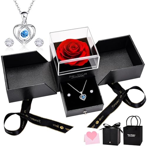 UUEMB Rosa Eterna, Rojo Caja de Regalo de Rosa Preservada con Collar de Corazón y Aretes, Regalo de Cumpleaños de Aniversario Dia de la Madre Dia de San Valentín para Mamá Novia Hermana Mujeres