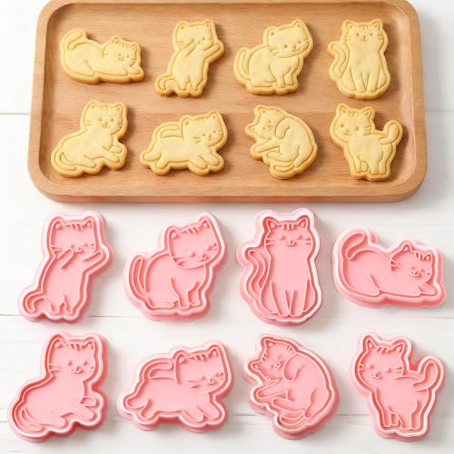 8 Pcs Cute Cat Cookie Cutter Set, 3D Cookie Plunger Stamps Fruit Sandwich Cutter Set Party Baking Decoration Cartoon Animal Diy Press Molds Pastry Molds Baking Tools For Cat