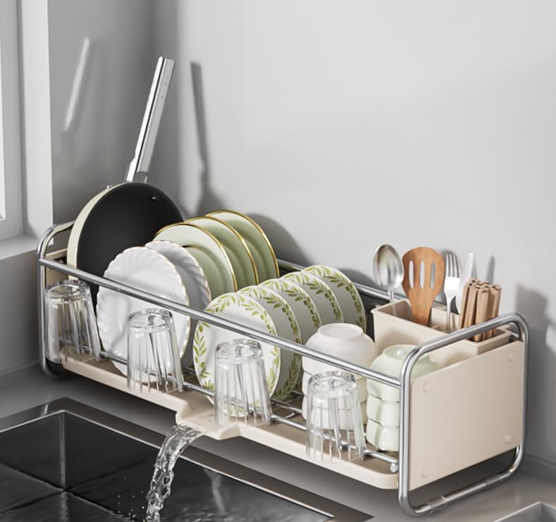 yazi 水切りスリム ステンレス 食器 水切りカゴ 大容量 キッチン シンク上 自動排水 食器乾燥ラック 省スペース幅17cm 箸・コップ・お皿立て 洗い物ラック 人気キッチン収納用品 (クリームホワイト)