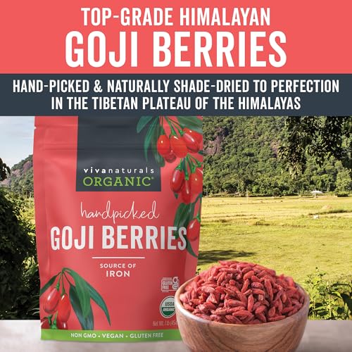 Viva Naturals Organic Dried Goji Berries, 1 lb (454 g) – Non-GMO, Vegan Wolfberries, Perfect for Goji Berry Tea, Smoothies, Baking & Snacking