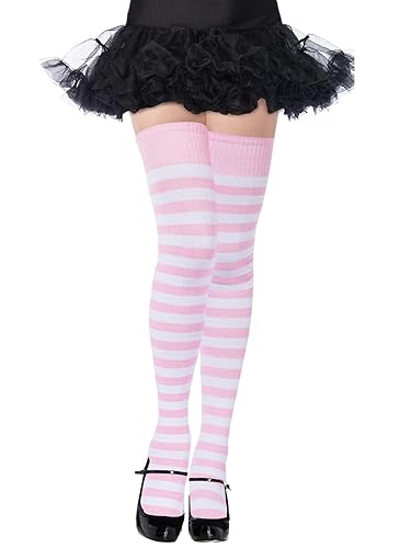 Moon Wood Womens Thigh High Socks Striped Knee High Socks Extra Long Cotton Knit Over the Knee Socks for Halloween - One Size - Baby Pink & White