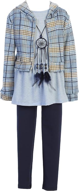 Image of iGirlDress Girls 4 Pieces Pant Set Long Sleeve Jacket Necklace Floral Plaid Pant 4-16