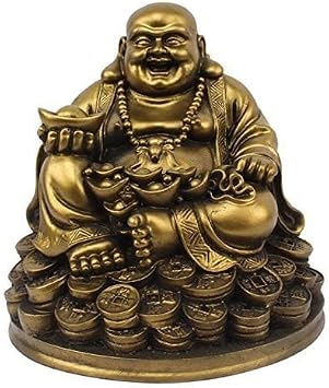 Petrichor Resin Laughing Buddha on Money Coin Good Luck & Happiness Size 5 Inches, Colour Golden, 1 pc, Made in India