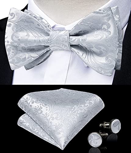 Dibangu Men's Silver Grey Bowtie And Lapel Pin Set Silk Woven Self-Tied Bow Tie Pocket Square Cufflinks Set #TOP2