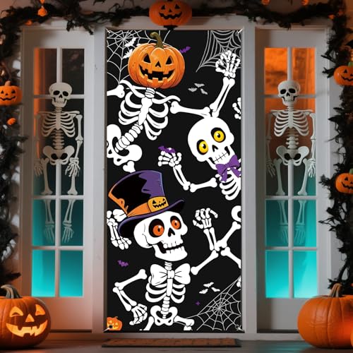 Halloween Door Cover, 79 * 35inch Skeleton Halloween Door Decorations Skeleton Door Sign Banner for Haunted House Indoor Outdoor Party Window Wall Decor