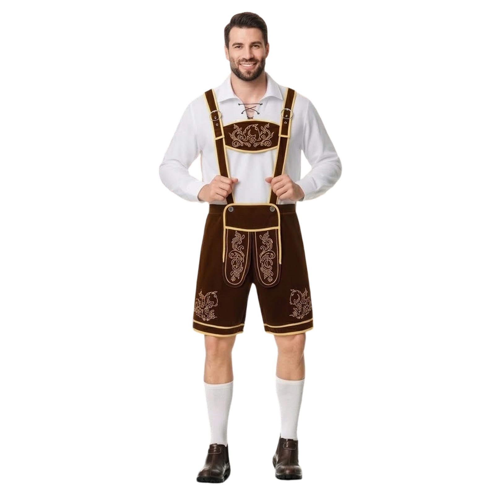 Lederhose Herren Kurz Braun,Lederhosen Mit TräGern LäSsig Schlicht Trachtenhose Print Mit Weiß Hemd Trachten Hose Elegant Und Bequem Trachtenlederhose FüR Oktoberfest Bayerisches Bierfest
