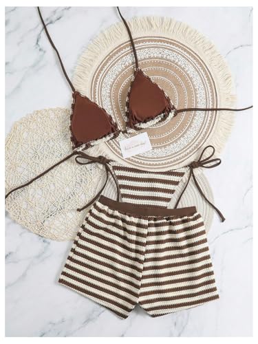 Image of RoseSeek Women's 3 Piece Striped Bikini Shorts Sets Knit Boyshort Swimsuit