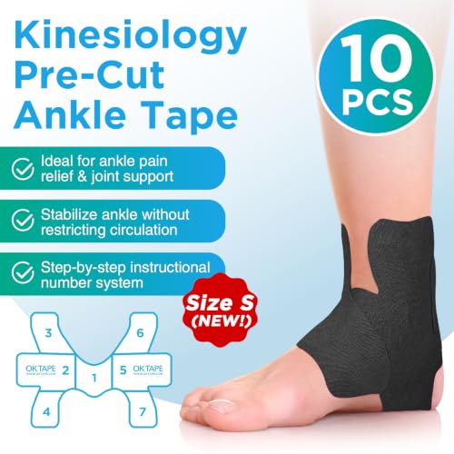 Image of OK TAPE Precut Kinesiology Ankle Tape for Women, Elastic Athletic Tape for Pain Relief, Ankle Sprain, Stability, Breathable Cotton, Daily Use - Black, S Size, 10 Pcs