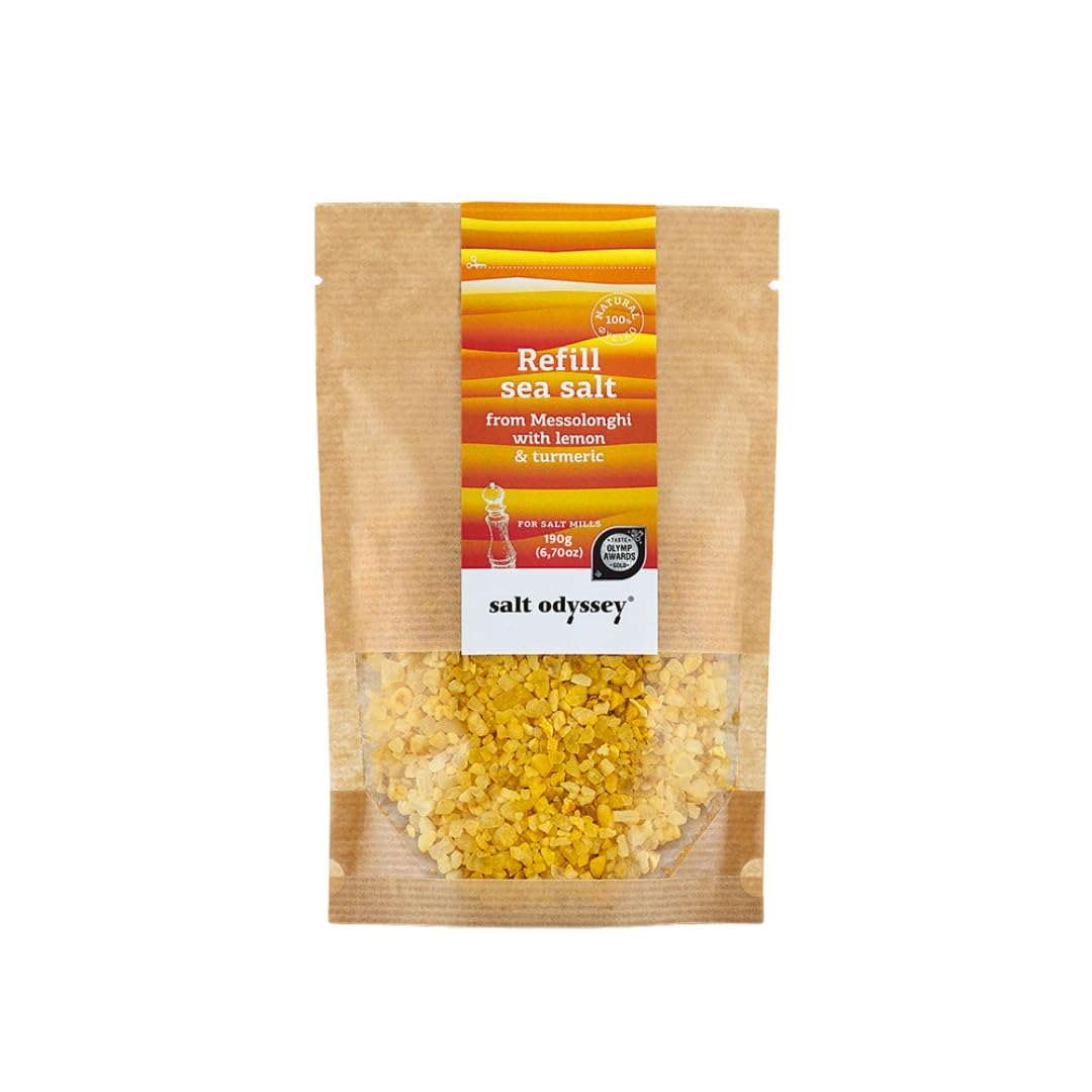 Salt Odyssey Greek Sea Salt with Lemon & Turmeric in a Resealable Kraft Pouch – Refill Blend for Salt Mills|100% Natural Mediterranean Blend, 190g (Pack of 2)
