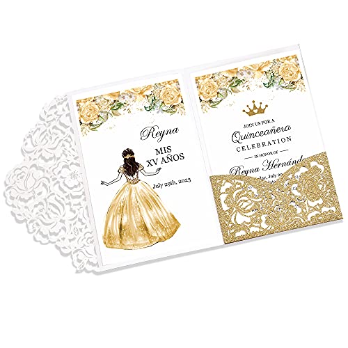 DORIS HOME 4.7x7 Inch 50PCS Blank Glitter Gold Invitation Cards Laser Cut Hollow Rose Pocket for Quinceanera/Sweet 16 / Birthday