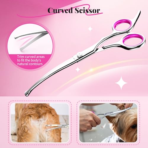 Pawaboo Hundepflege Schere Set, 5 Stück Professionelle Hundesalon Schere Kämmen Fellschere mit Runder Sicherheitspitze für Haustiere Hunde Katze Effilierschere Haarpflege Fellpflege Schneiden - Rosa