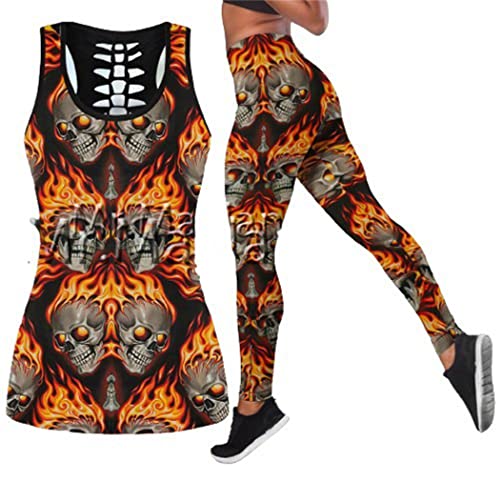 Tenue yoga sexy crâne de feu débardeur creux deux pièces fluide