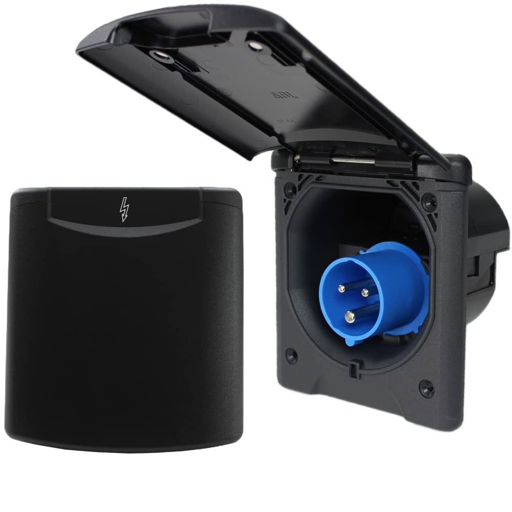 Prise extérieure CEE - Prise d'alimentation encastrable pour caravane et camping-car - 220 V - 250 V ABL - Couvercle magnétique - Noir