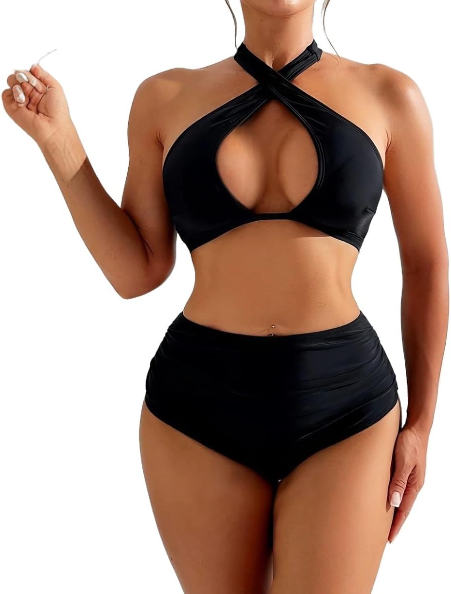 Women's Two-Piece Swimsuit Set, Black Halter Neck Bikini Top with High Waist Bottom, Cross Front Design Swimwear PQ53005