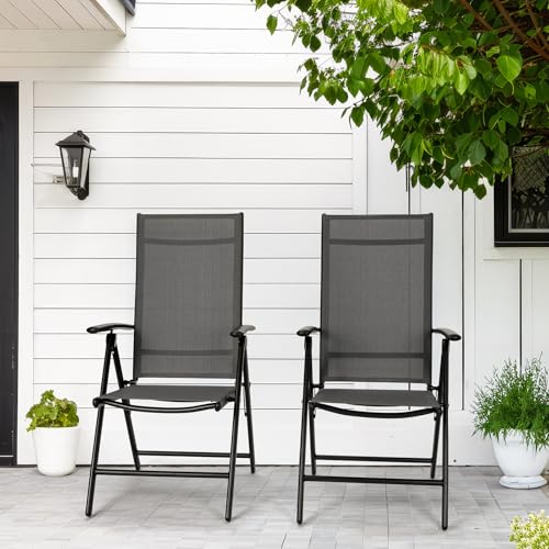 Clevich Gartenstühle Alu 2er Set, Gartenstuhl Hochlehner Klappbar mit 7-Fach Verstellbar Rückenlehne, Balkonstühle bis 120kg, Leicht Campingstühle, Ergonomisch Atmungsaktiv und komfortabel, Dunkelgrau