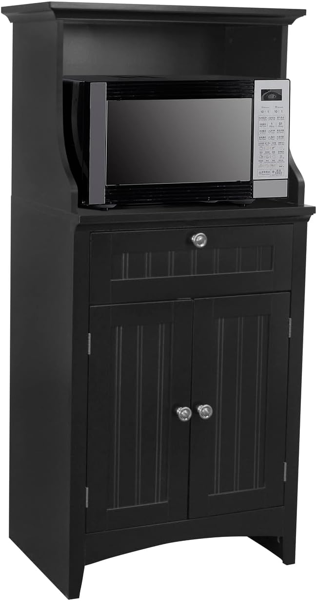 HomeStock Rococo Radiance Microwave/Coffee Maker Utility Cabinet - 15.75" D x 23.5" W x 48" H - Black Storage with Drawer & Adjustable Shelf