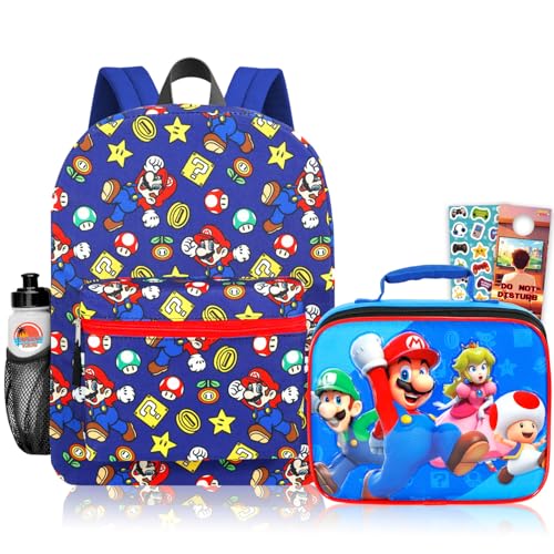 Super Mario Mochila Bros e lancheira – Pacote com mochila de 41 cm, lancheira, adesivos, garrafa de água, mais | Mochila escolar Mario com lancheira para meninos, crianças