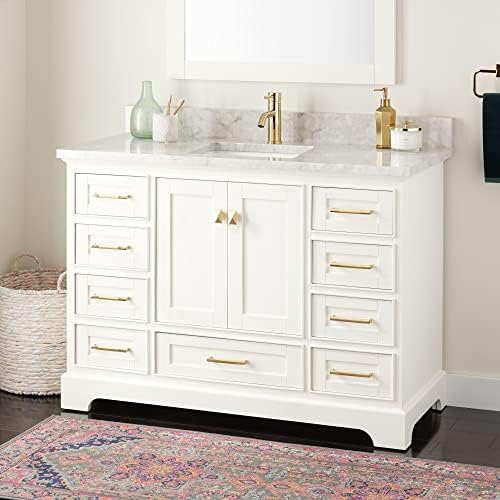 Signature Hardware 480694 Quen 48" Free Standing Single Vanity Set with Wood Cabinet, Vanity Top and Rectangular Undermount Vitreous China Sink - Single Faucet Hole - Soft White/Carrara Marble