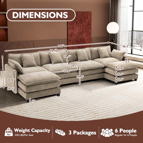 Image of Ihanherry 146 inch U-Shaped Modern Sofa Modular Sectional Luxurious and Comfortable with 2 Ottoman, 6-Seat Chenille Deep Seat Sofa with 6 Pillows for Living Room, Bedroom and Apartment, Sand