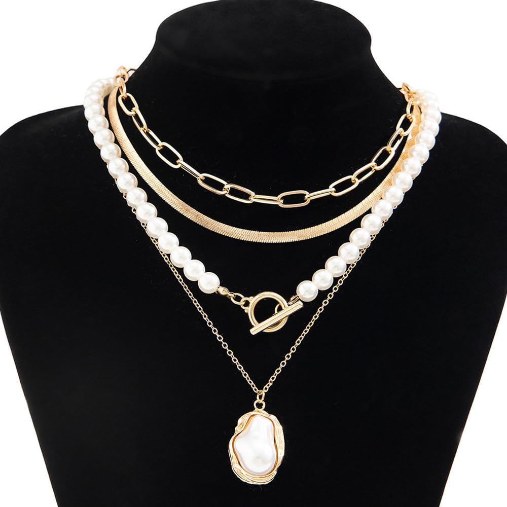 Chargances Boho Layered Baroque Pearl OT Clasp Necklace Vintage Paperclip Pearl Chain Choker Stacking Snake Bone Chain Retro Necklace for Women - Image 6