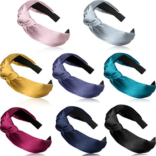 8 Pieces Silk Headbands Wide Headbands Knot Turban Headband Hair Band Elastic Hair Accessories for Women and Girls, 8 Colors (Color 3)