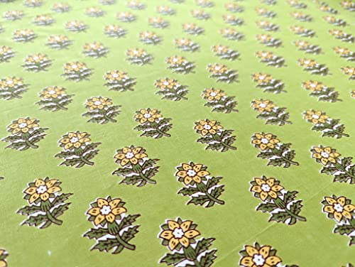 AVKA Studio Hand Block Print Fabric by The Yard - PRECUT 3 Yard 42 Inch Width - 100% Cotton Material - Green Floral Pattern - Light Weight Indian Cloth for Making Summer Dress Tops Indian Fabric etc
