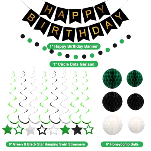 Image of meowtastic Birthday Decorations Happy Birthday Banner with Honeycomb Balls | 16pcs Birthday Set: 1 Banner+6 Honeycomb Balls+8 Star Spirals+1 Circle Dots, Happy Birthday Decor - Green and Black