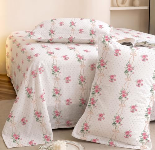 Image of SANMARINO 210TC Cotton King Size Bedsheet with 2 Pillow Covers | Premium Floral Print Design Flatsheet |Ultra Soft Breathable Skin Friendly Bedding Set for All Season Use 90 x 100 Inch,Rose Pink
