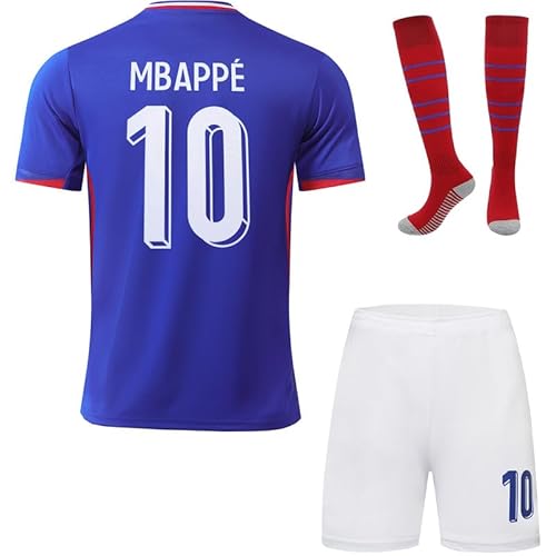 RAWDEM 2024 France Mbappe #10 Home Football Soccer Jersey/Shorts Socks Gift Set Youth Sizes (Blue, 26)