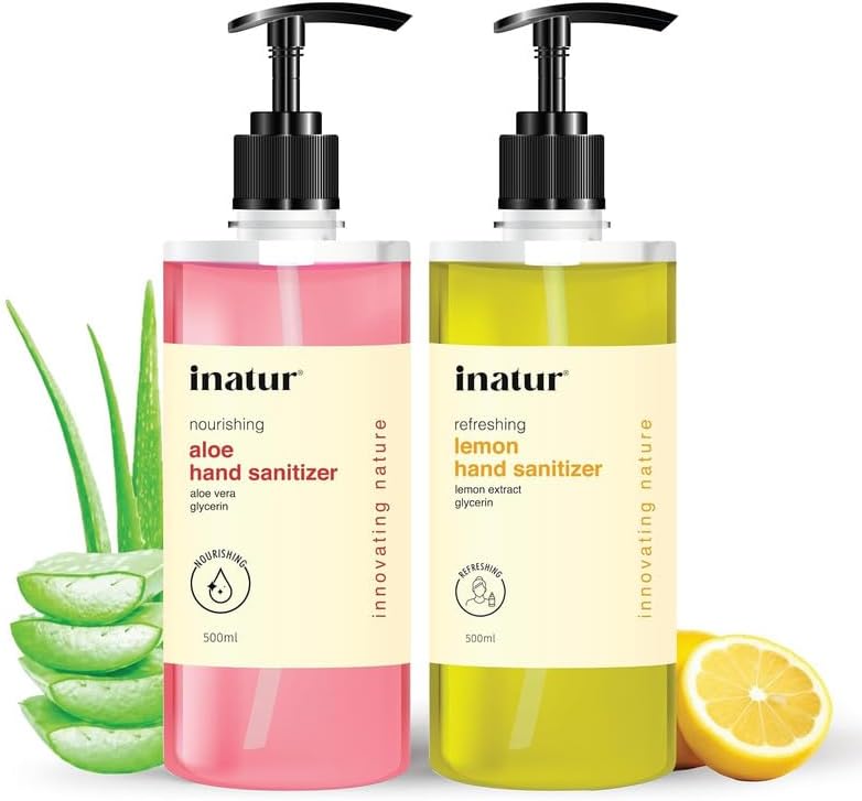 inatur Lemon and Aloe Hand Sanitizer Gel Combo | Alcohol-Based, Antibacterial, Kills 99.9% Germs | Enriched with Lemon & Aloe for Gentle Care | Safe on Skin | Hand Sanitizer 500ml for Complete Hygiene