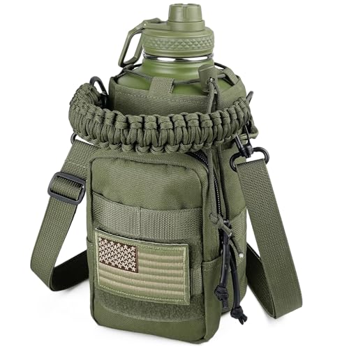 Image of 64 Oz Insulated Water Bottle with Sleeve (All Military Green) - Half Gallon Water Jug with Handle - Stainless Steel Sports Water Bottle for Gym Workout Hiking Tactical Bottle with Pouch