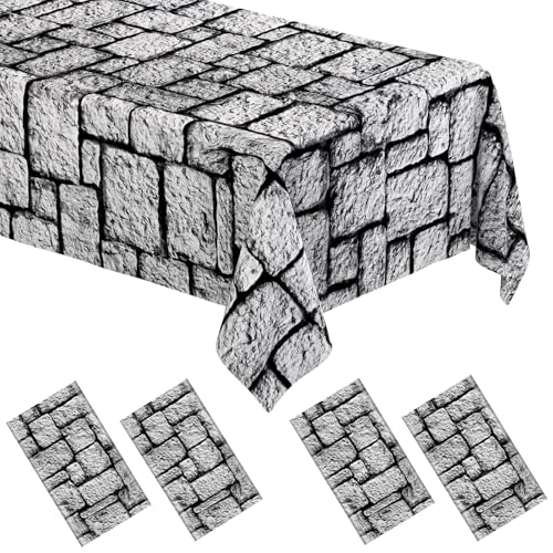 Image of WNINK 4 Pack Stone Wall Tablecloths, Medieval Brick Stone Plastic Table Cover Decoration for Halloween Birthday Party Supplies Medieval Castle Knight Themed