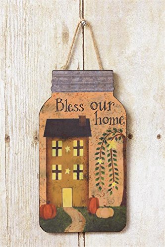 Audrey's Mason Jar Shaped Wood Sign w/Jute Hanger - Bless Our Home w/Saltbox House Pumpkins Willows Rustic Country Primitive