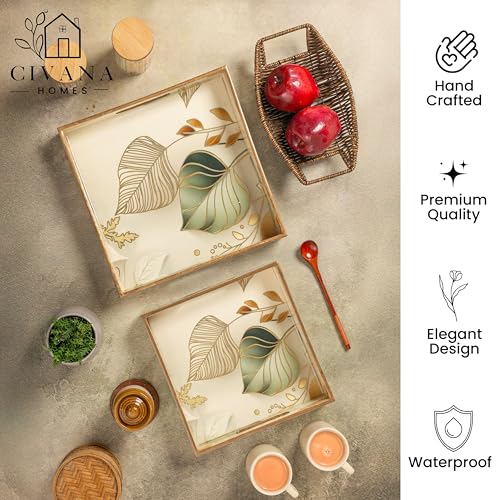 Image of CivanaHomes Wooden Serving Tray with Gold Engraving | Set of 2 | Size : 12 x 12 inch & 10 x 10 inch | Enamel Coated Waterproof | Square Trays | Decorative Trays (White Leaf)