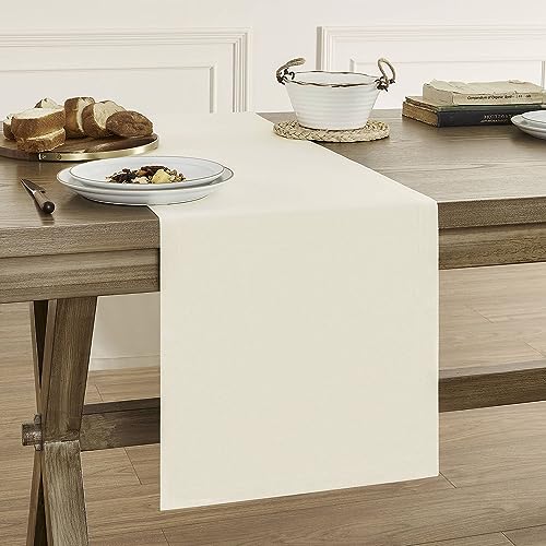 Image of ZeeMart Basic Linen Style Table Runner, 14 x 36 Inch Off White, Rustic Farmhouse Creamy White Table Runners 36 Inches Long, Everyday Polyester Table Runner - Machine Washable & Easy Care