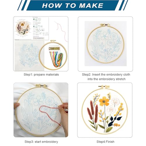 Image of Zhenqing Floral Embroidery Kit - 4 Piece 29x29cm Round Hoop Art Set with Pre-Printed Cotton Fabric, Embroidery Hoop, Threads & Tools for Beginners (C0010)