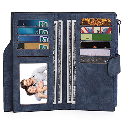UTO RFID Wallet for Women PU Matte Leather Card Holder Organizer Zipper Coin Purse with Snap Closure Blue2