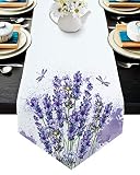 CHARMHOME Cotton Linen Table Runner 13 x 36 Inch Lavender Flower Pattern and Dragonfly Purple Table