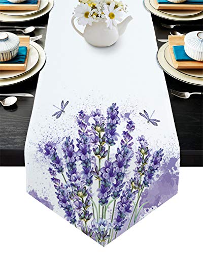 Charmhome Cotton Linen Table Runner 13 X 36 Inch Lavender Flower Pattern And Dragonfly Purple Table Runners For Farmhouse Decorations, Kitchen Dinning Outdoor Table Decor #TOP20