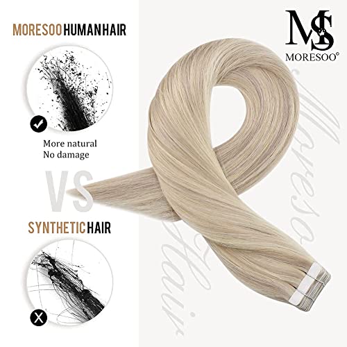 Image of Moresoo Hair Extensions Tape Ash Blonde 22in 40Pcs 100g | Hair extensions tape, added density, long straight strands, platinum dimension for French twists and formal event use