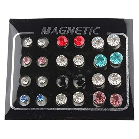POFET 12 Pairs Colors Shiny Rhinestones Magnetic Clip Non Piercing Earrings Set Unisex Cover